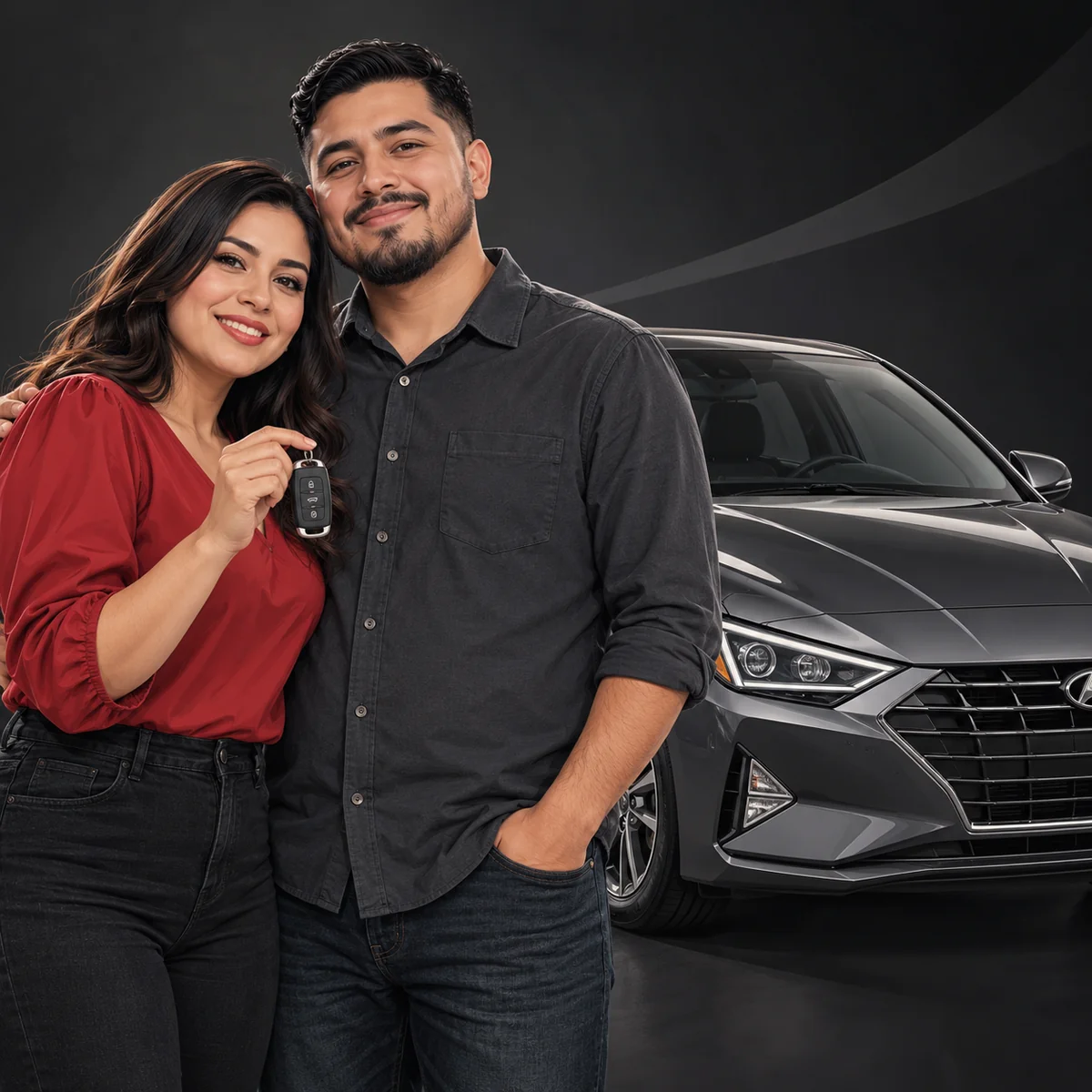 A smiling couple holding car keys beside a gray sedan