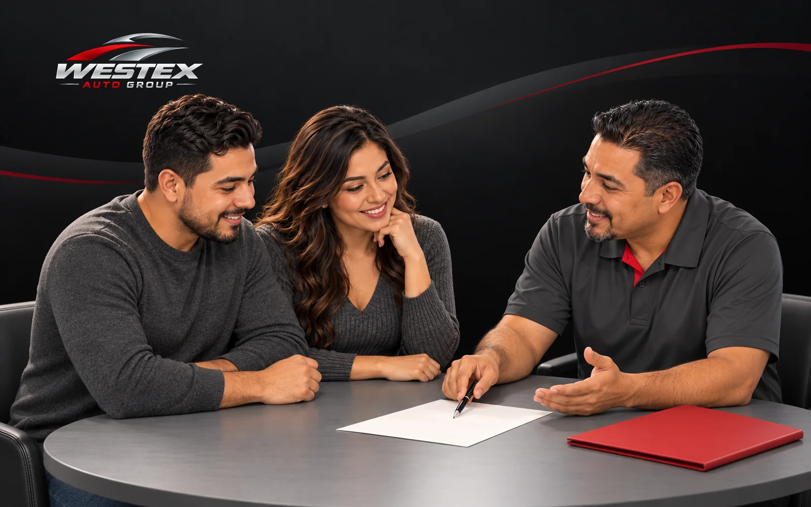 A couple going over paperwork at a table with a salesperson