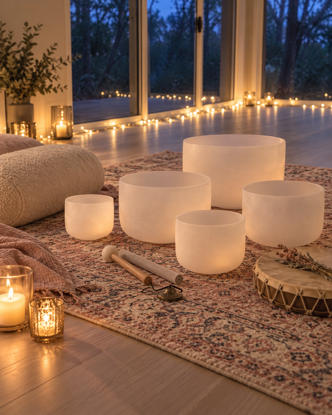 Crystal singing bowls on a pink patterned rug beside a cosy bolster, softly lit by candlelight
