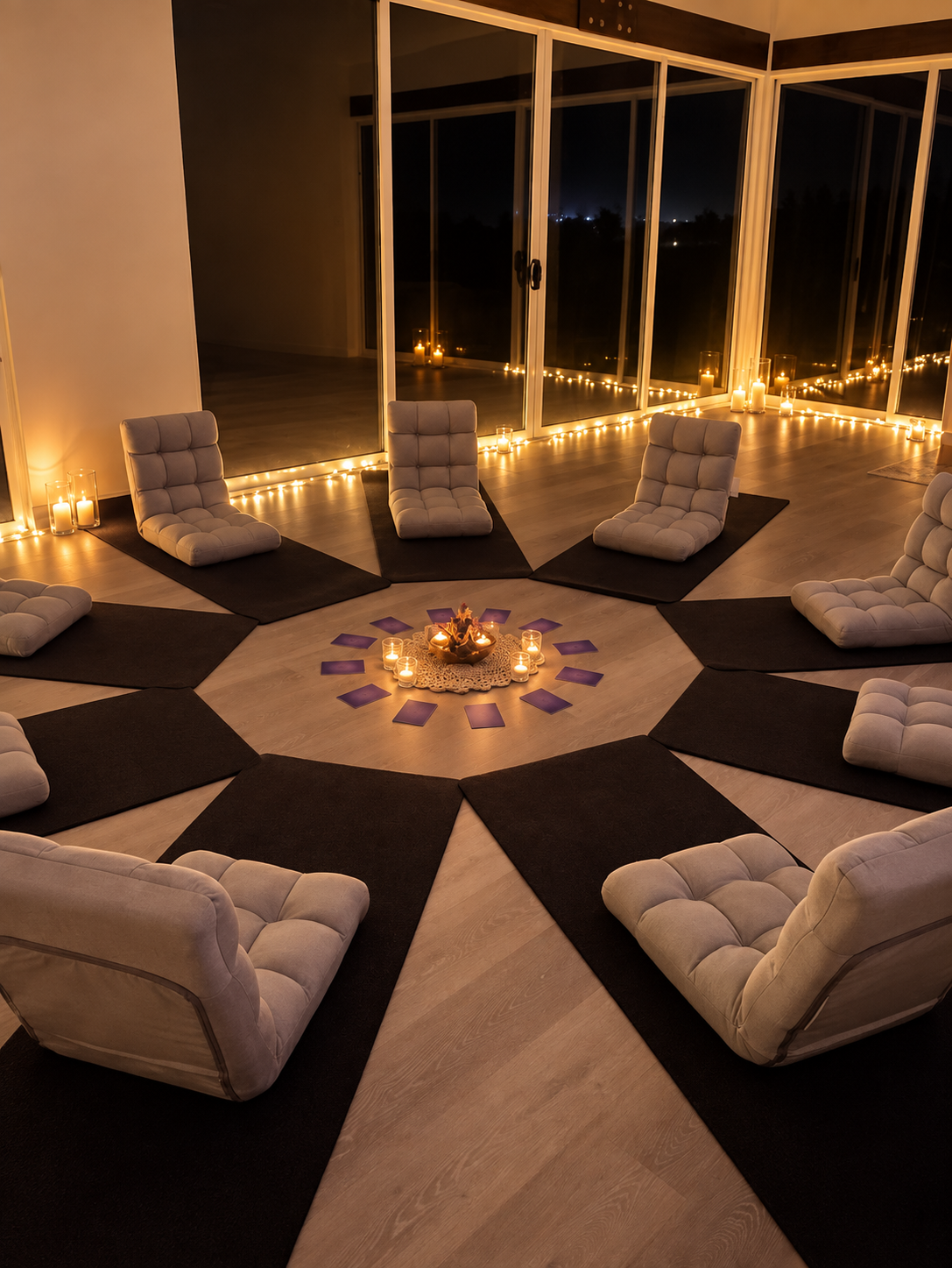 An intimate Women's Circle setting with cushions and candlelight