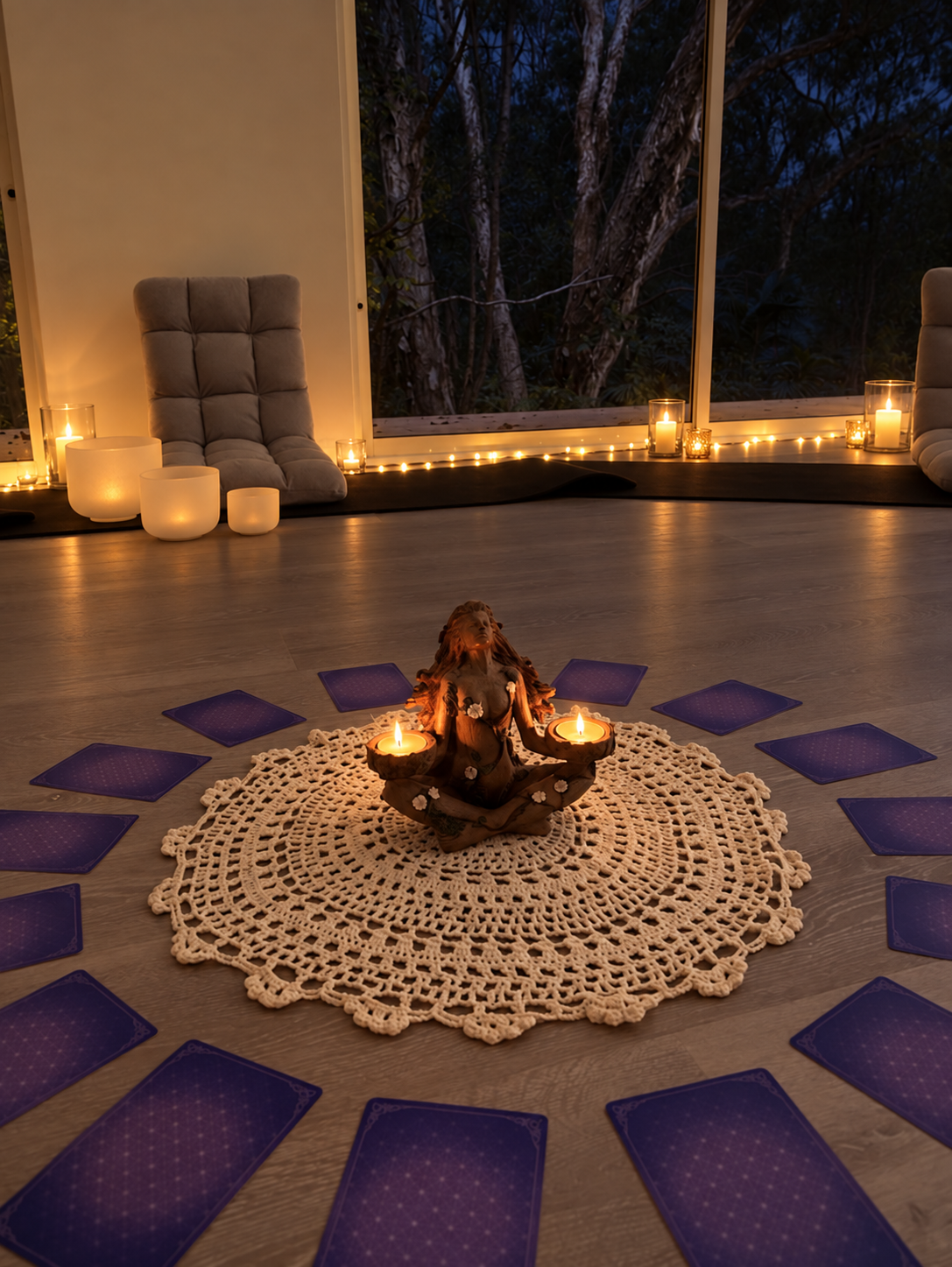 Candlelit Women’s Circle setting with purple cards, fairy lights and crystal singing bowls