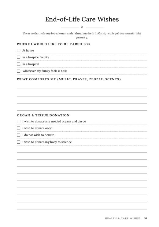 Interior page: End-of-Life Care Wishes with checkboxes and lined space