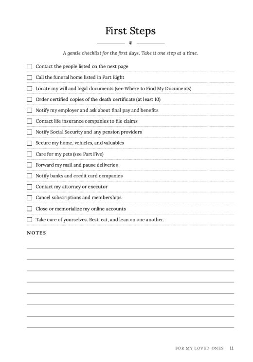 Interior page: First Steps checklist for the first days