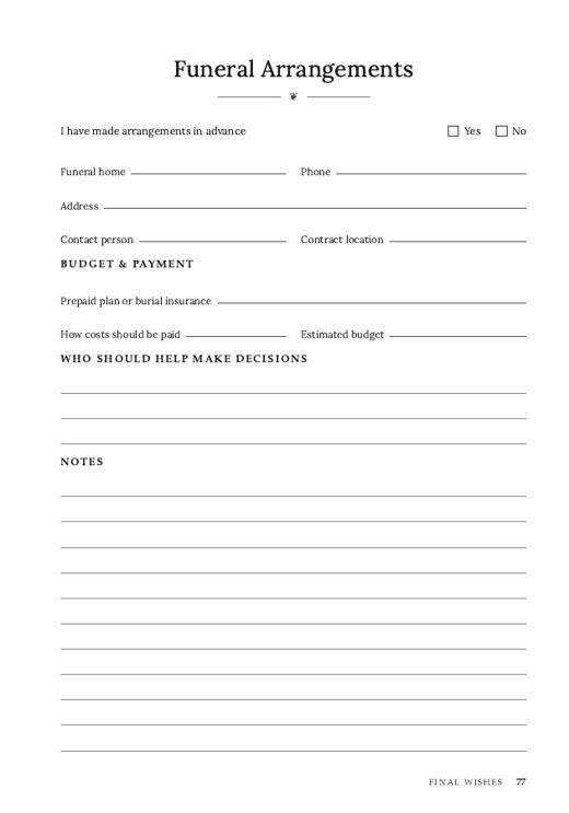 Interior page: Funeral Arrangements form