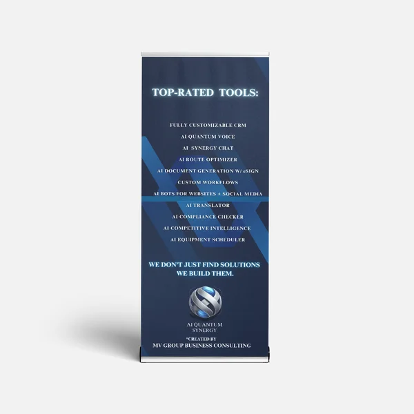 Retractable banner printed by MV Group for AI Quantum Synergy, "Top-Rated Tools"