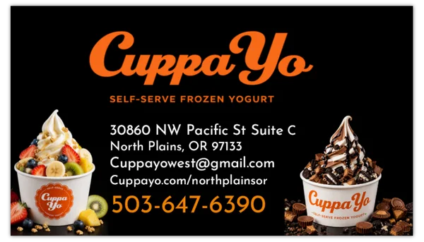 Business card printed by MV Group for Cuppa Yo frozen yogurt