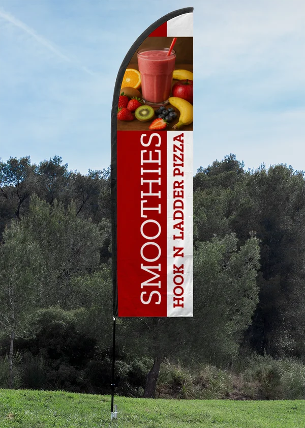 Feather flag printed by MV Group for Hook N Ladder Pizza smoothies