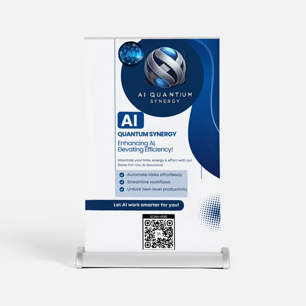 Tabletop retractable banner printed by MV Group for AI Quantum Synergy
