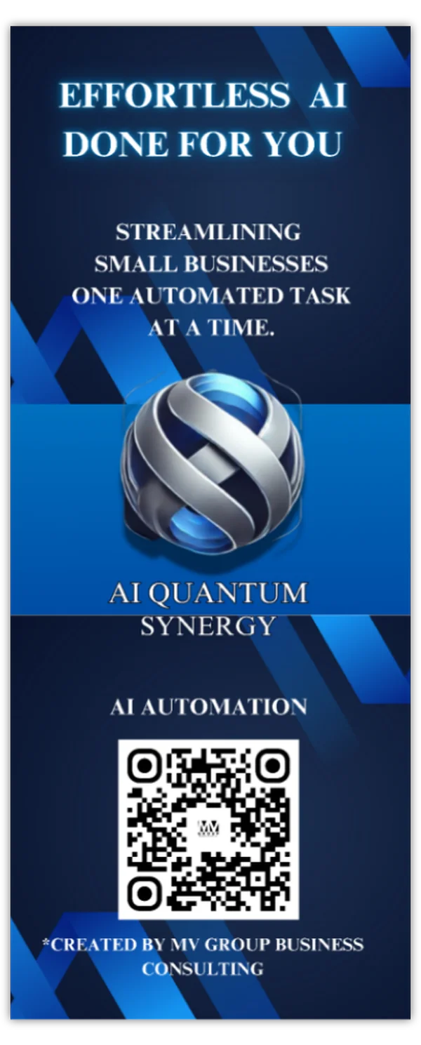 Tall banner printed by MV Group: AI Quantum Synergy "Effortless AI Done for You"