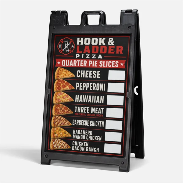 A-frame sidewalk sign printed by MV Group for Hook & Ladder Pizza quarter pie slices