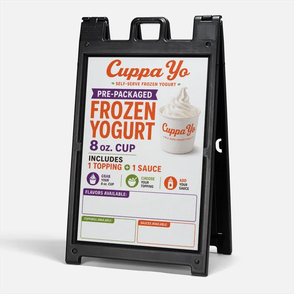 A-frame sidewalk sign printed by MV Group for Cuppa Yo pre-packaged frozen yogurt