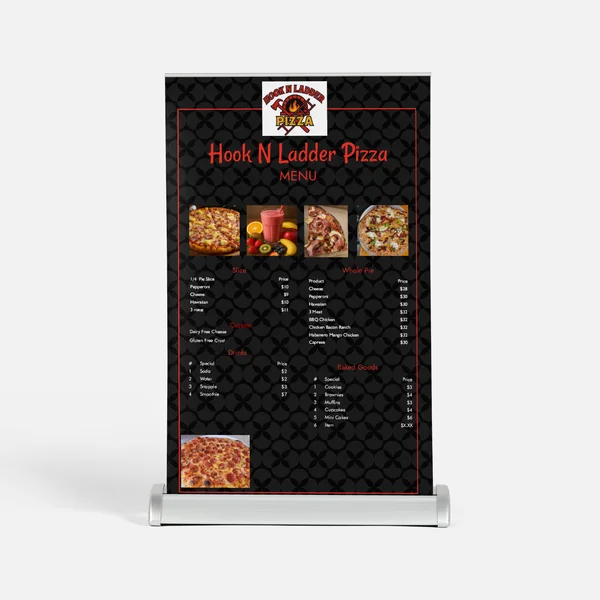 Tabletop menu banner printed by MV Group for Hook N Ladder Pizza