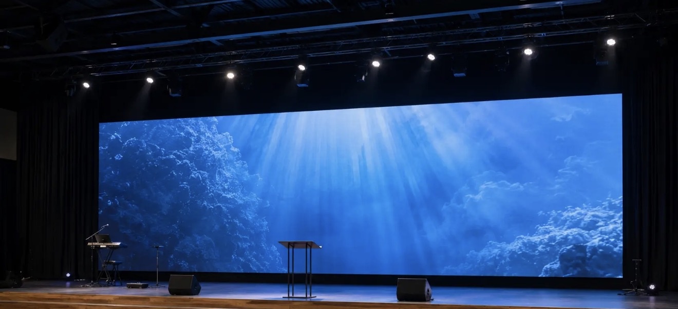 Wide LED video wall behind a church stage showing an underwater scene