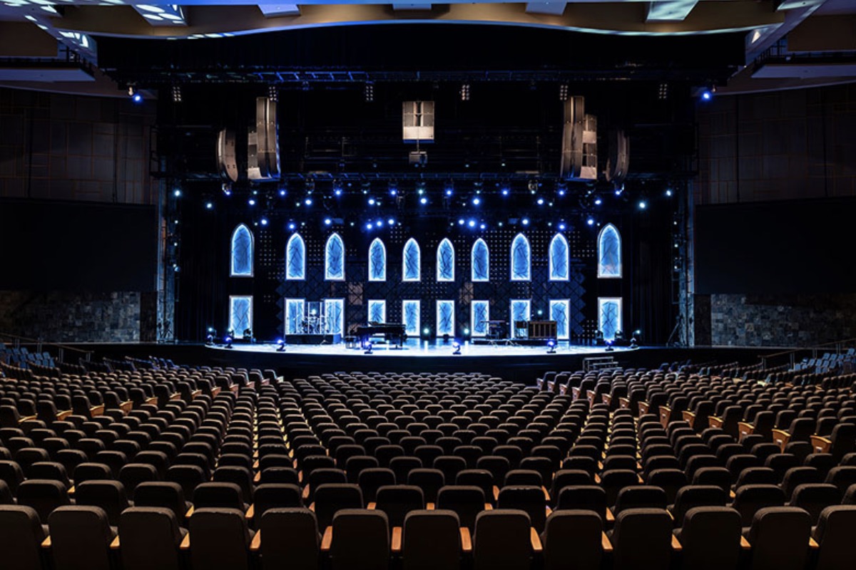 Church auditorium with line array loudspeakers on both sides of the stage
