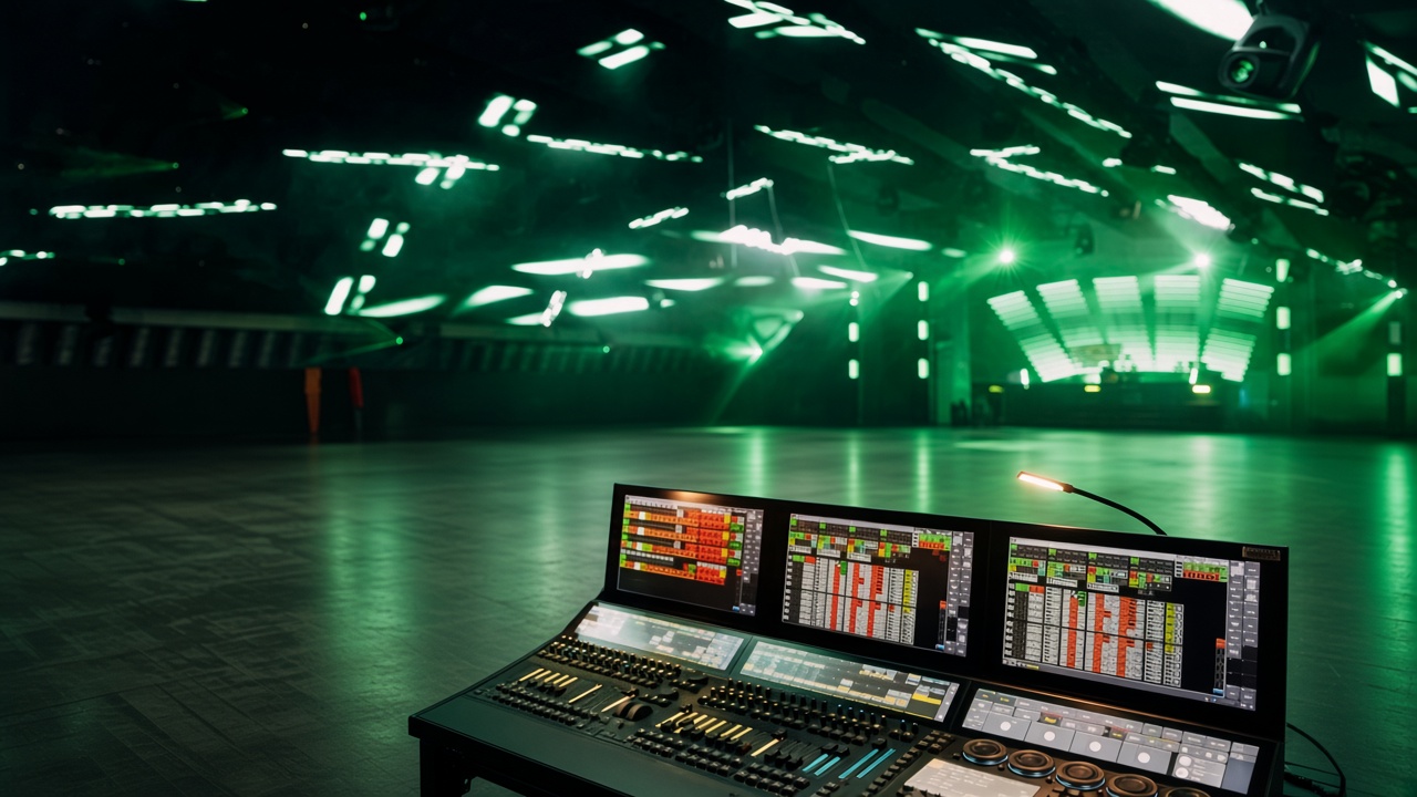 Nightclub with green lighting rigs and a lighting control console
