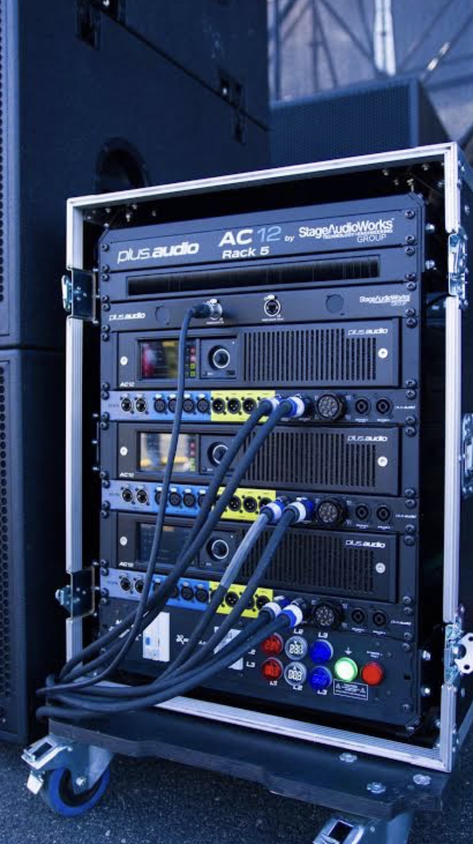 Plus Audio AC12 amplifier rack in a road case with power and signal cabling