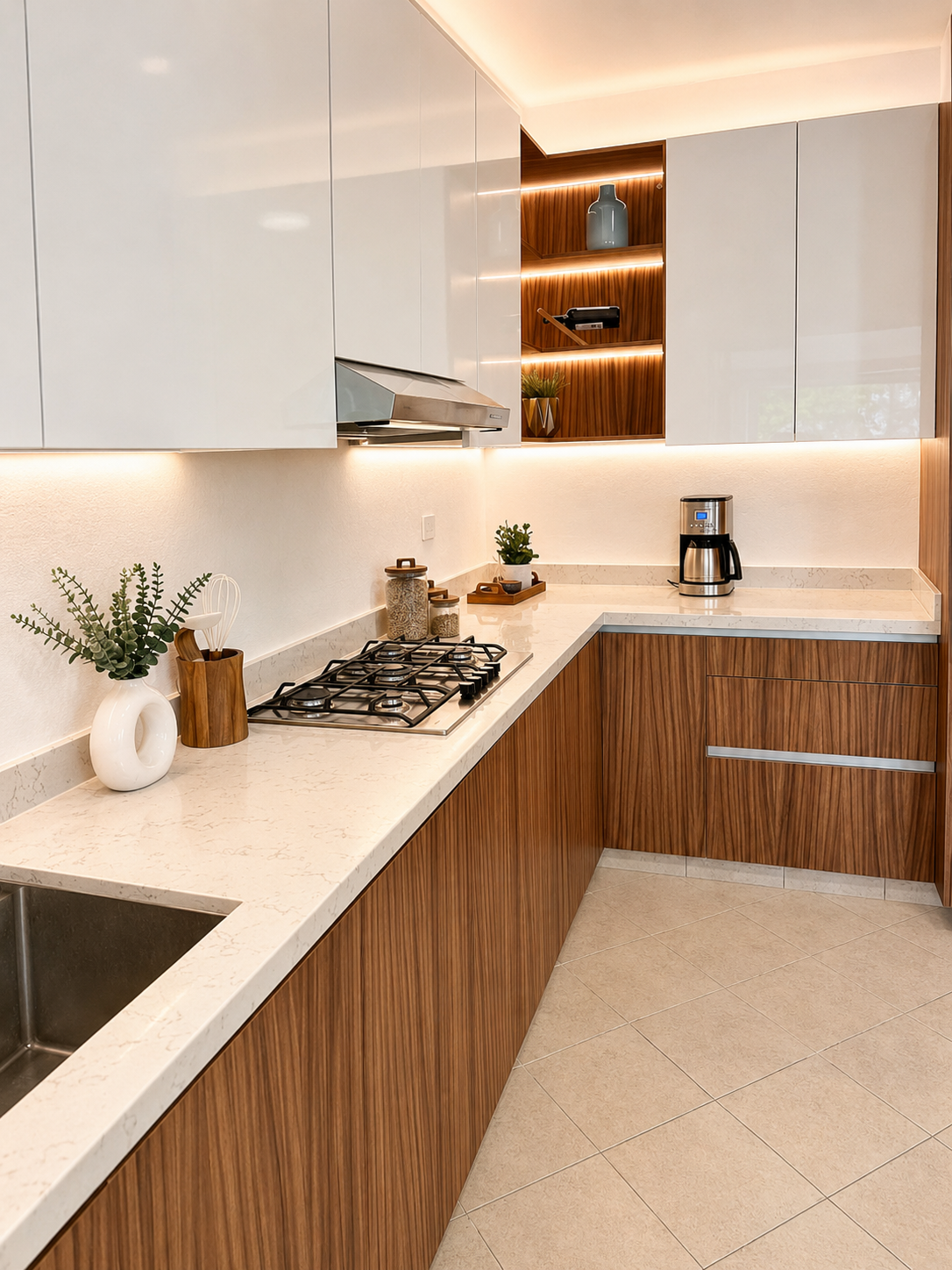 Cocina de autor con repisa iluminada y campana integrada