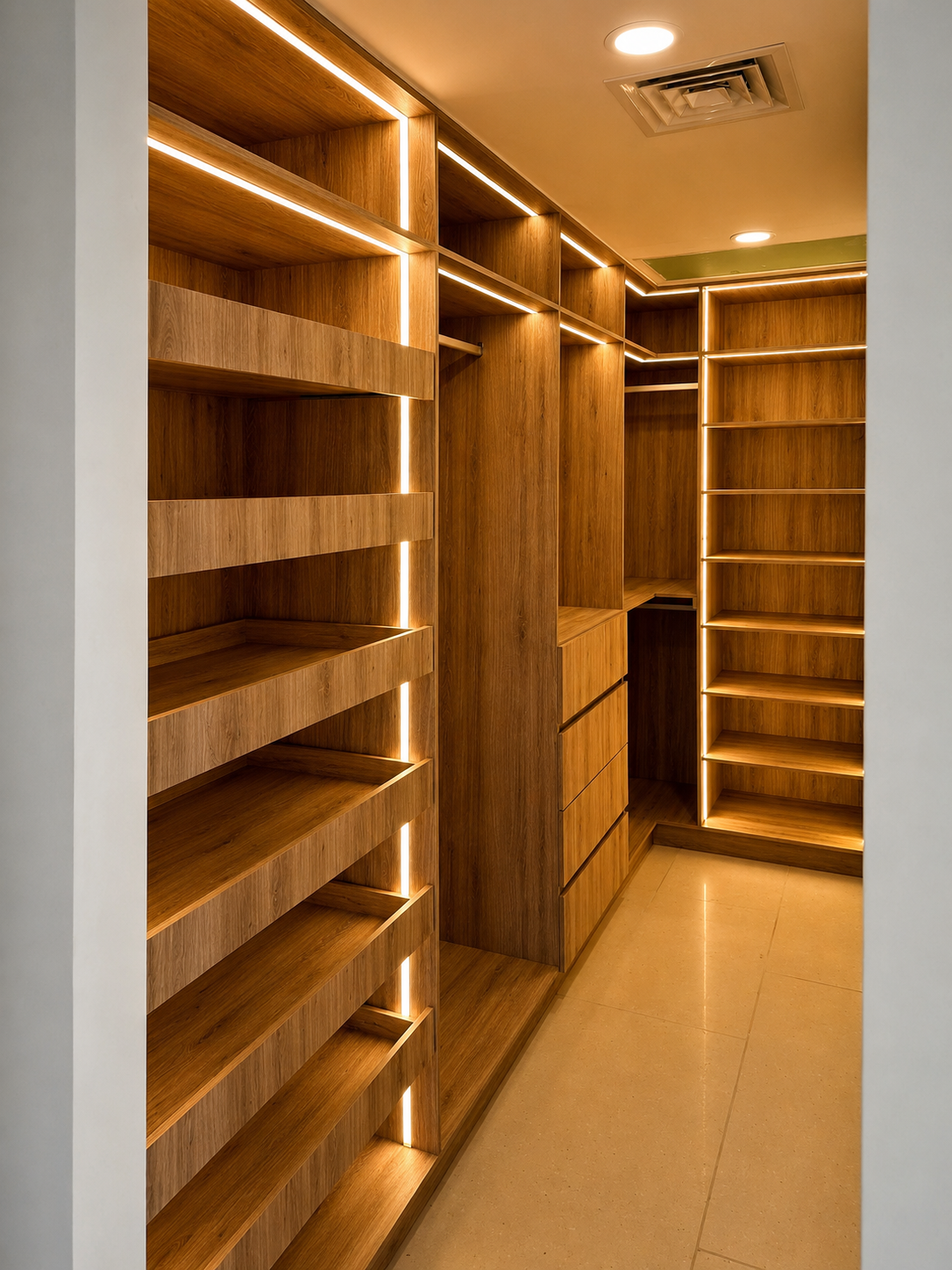 Vestidor residencial con repisas de madera e iluminación integrada