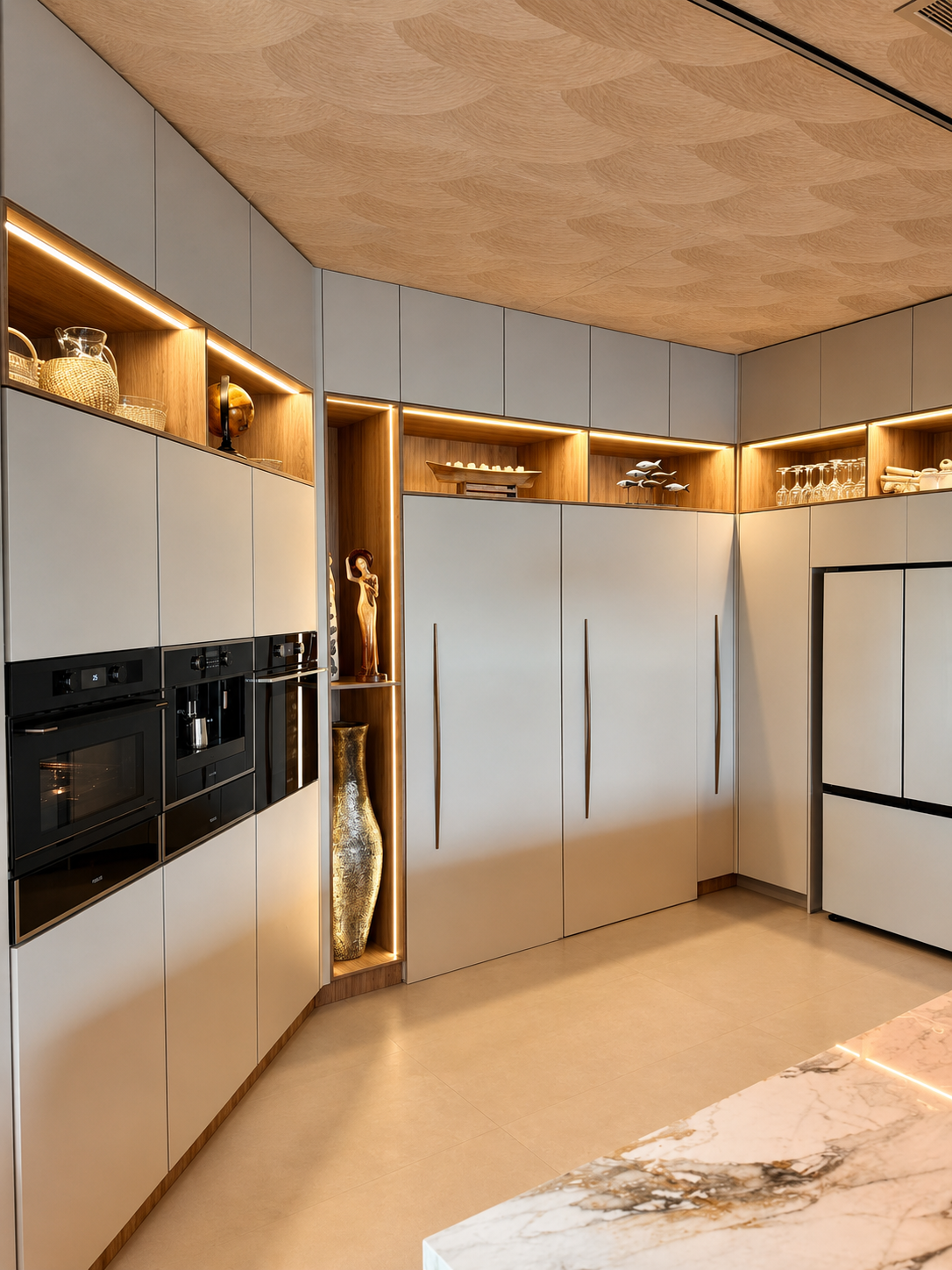 Detalle de cocina y barra de madera fabricada a medida por The WoodShop