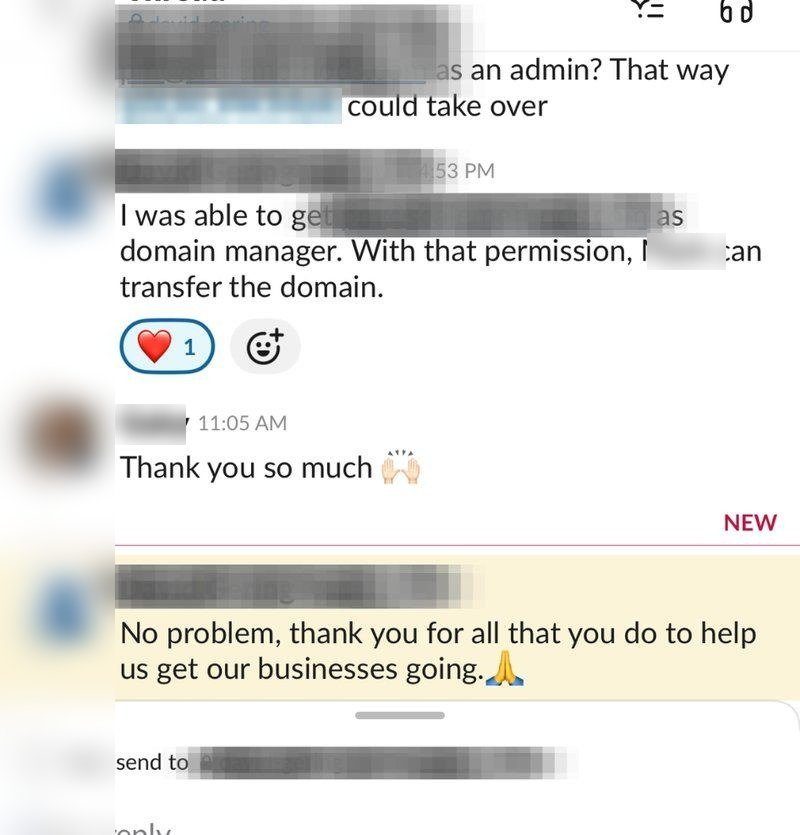 Owner message, names blurred