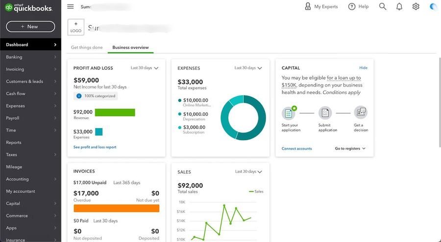 QuickBooks screenshot, identifying details hidden