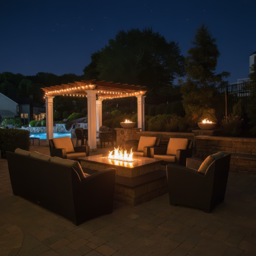 Custom paver patio with fire pit by Oak Landscape