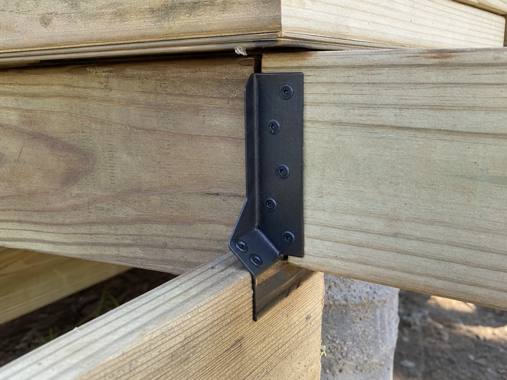 New joist hanger and coated fasteners on a repaired deck frame