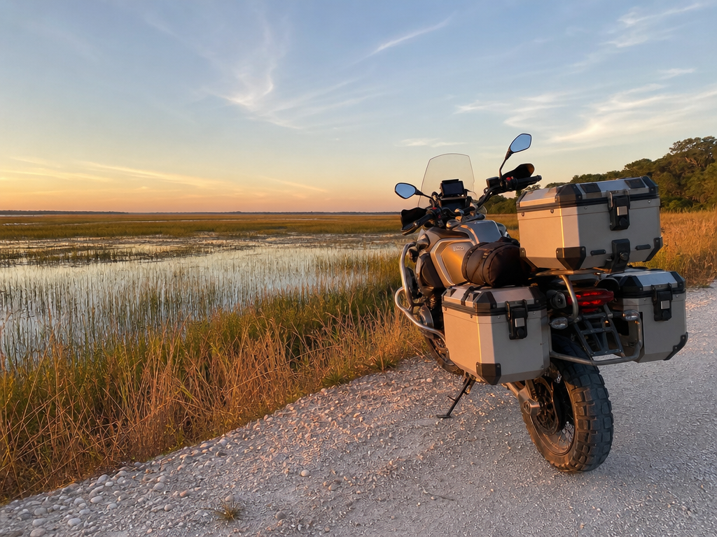 Adventure motorcycle at the edge of the Everglades