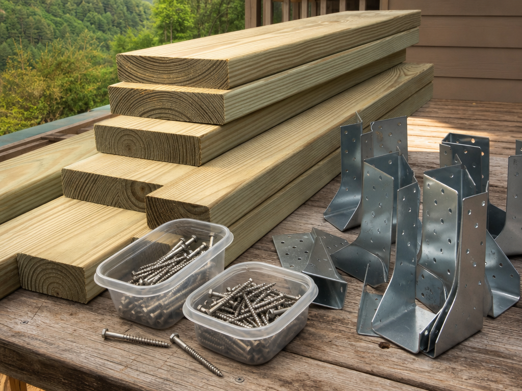Treated lumber, joist hangers, and stainless fasteners on a workbench