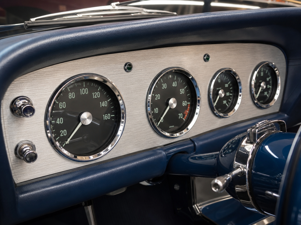 Restored dashboard and gauge cluster in a classic car