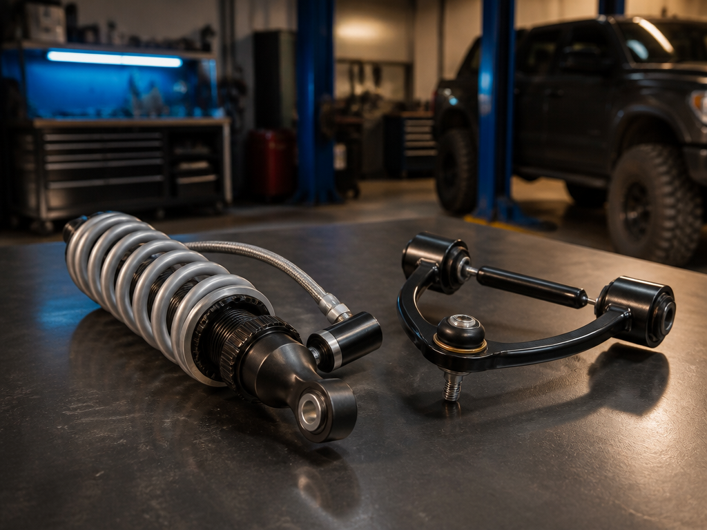 ICON 2.5 coilover and tubular upper control arm on a shop bench