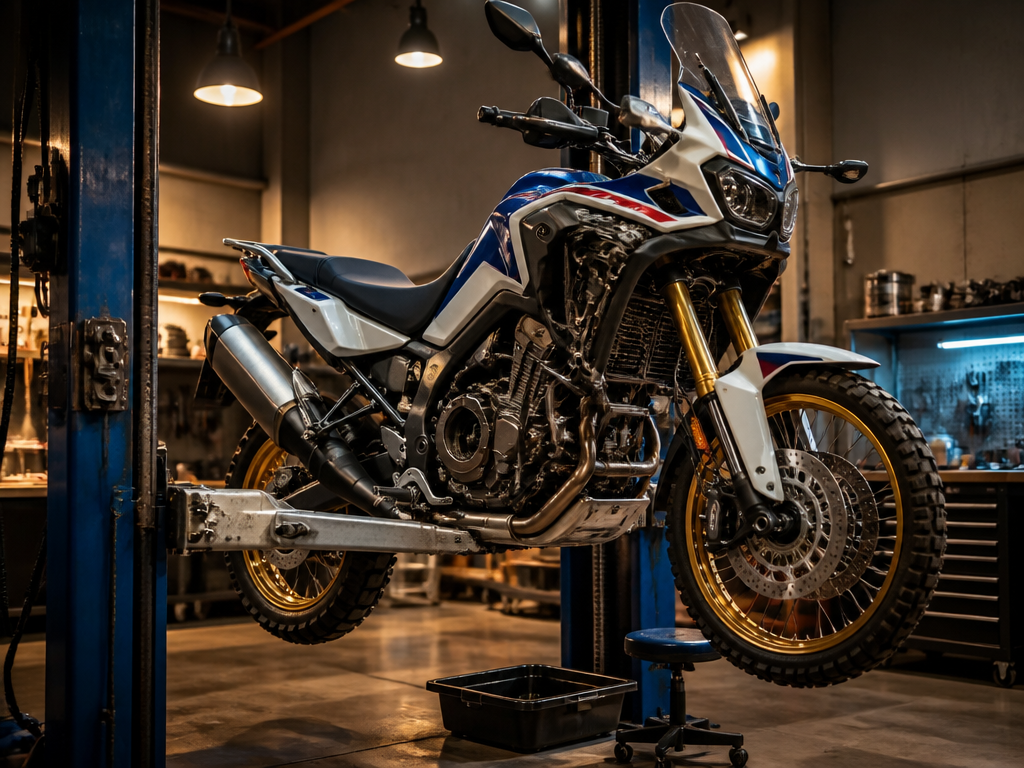 Honda Africa Twin service on a lift in Miami