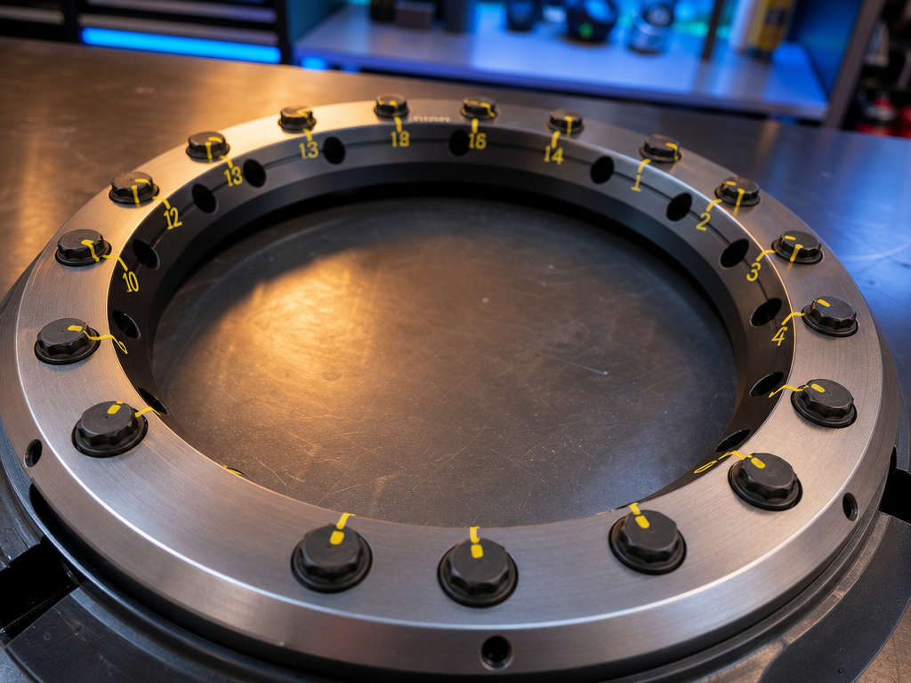 Beadlock ring bolts being torqued in sequence on a wheel