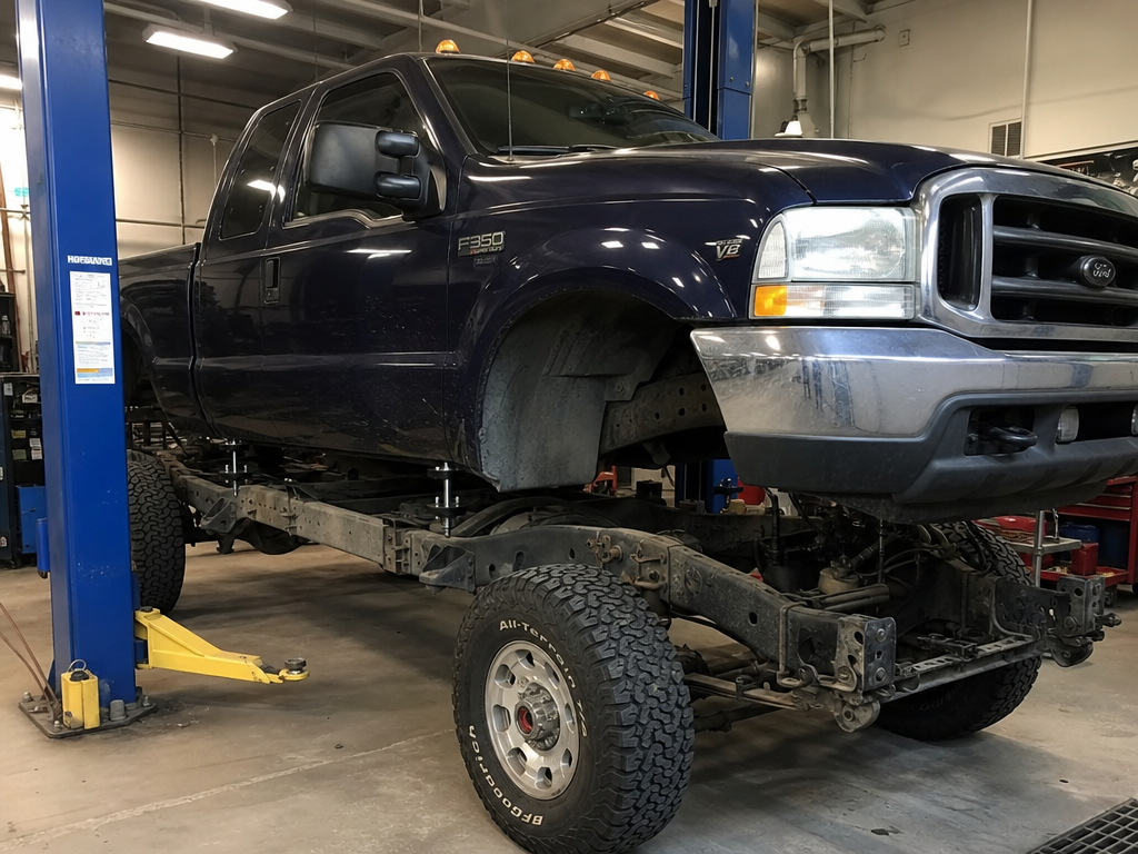 Body lift kit installation in progress on a truck at Iron Ridge Off-Road Houston