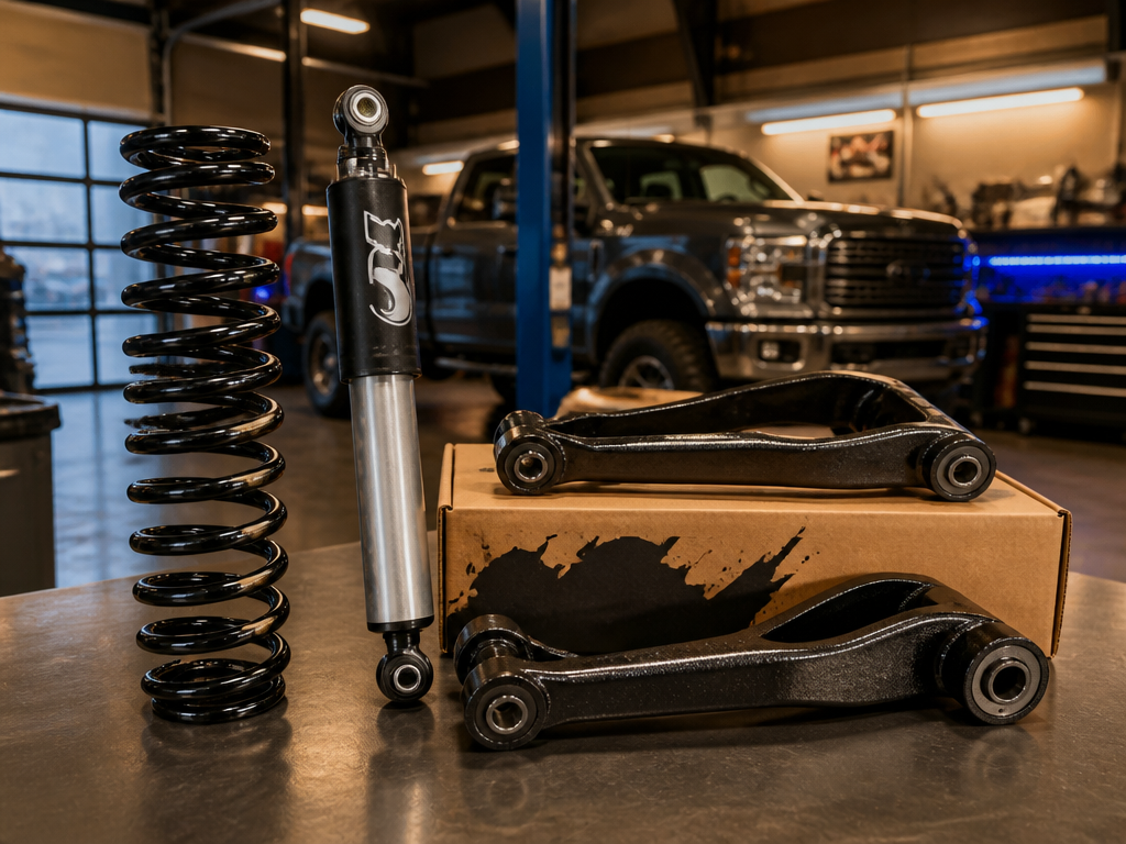 BDS coil spring and Fox shock with control arms on a shop bench