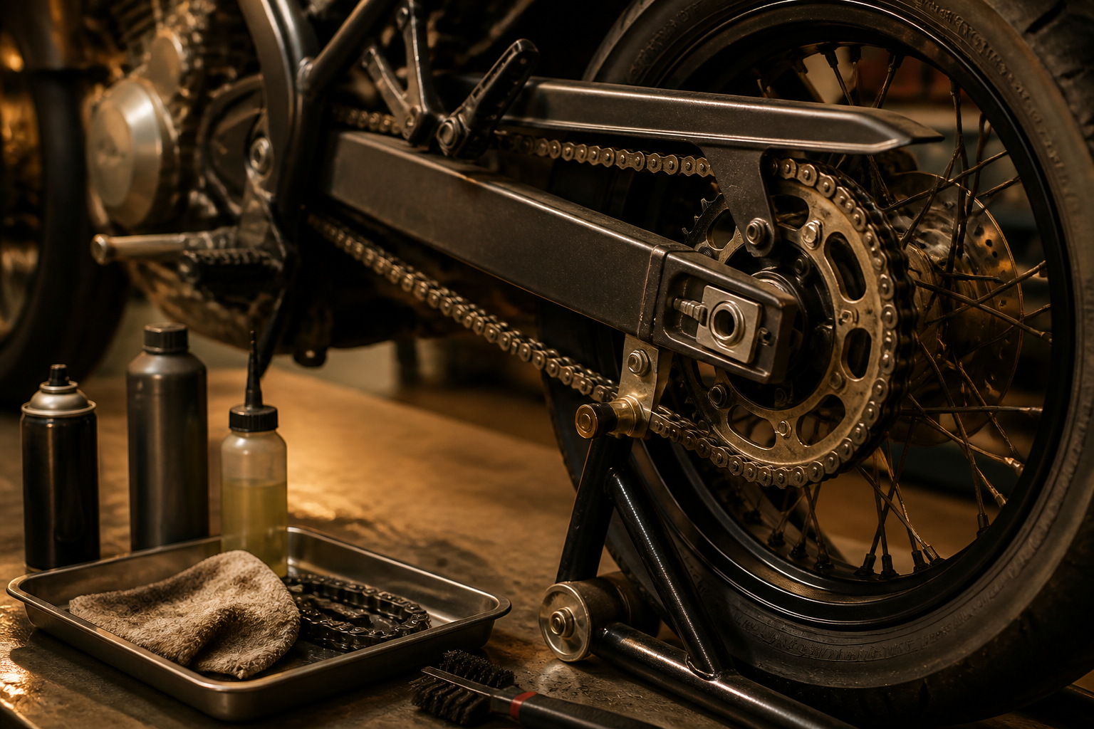 Motorcycle chain adjustment, clean, and lube in Miami
