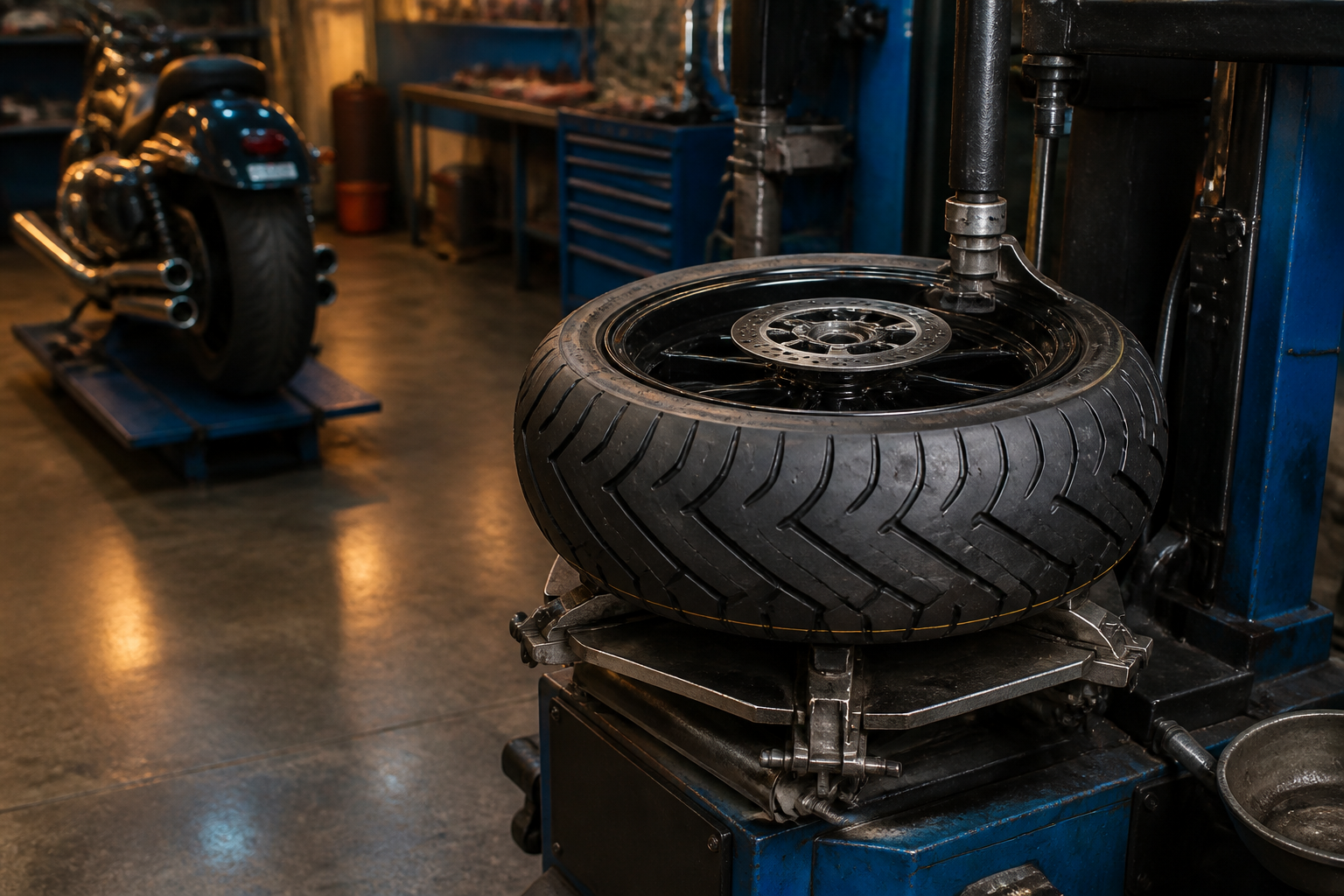 Cruiser and bagger motorcycle tire mounting in Miami
