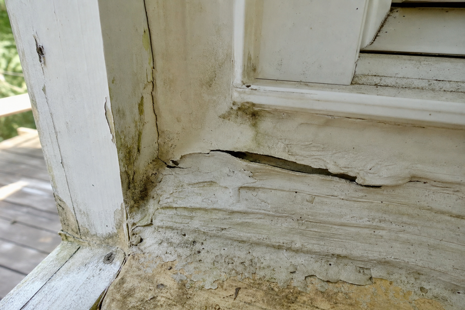 Mildewed, cracked caulk smeared over a gap
