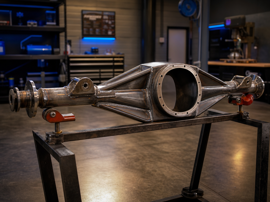 Axle housing with welded truss on a shop hoist