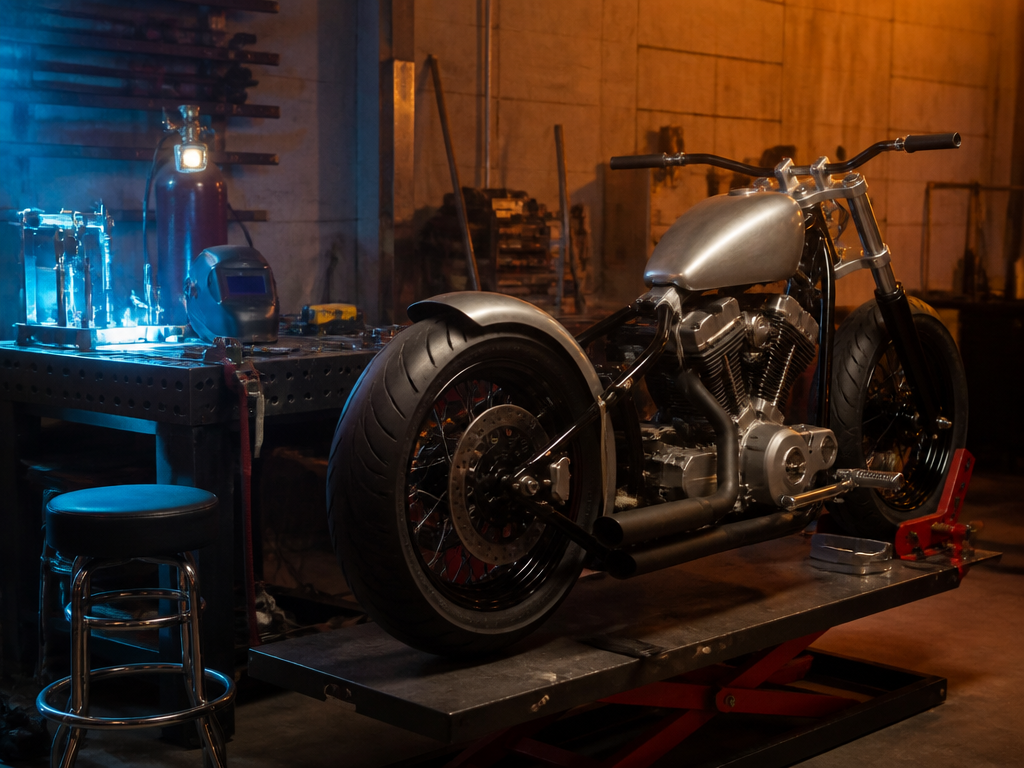 A custom motorcycle build in progress at Biscayne Moto Works