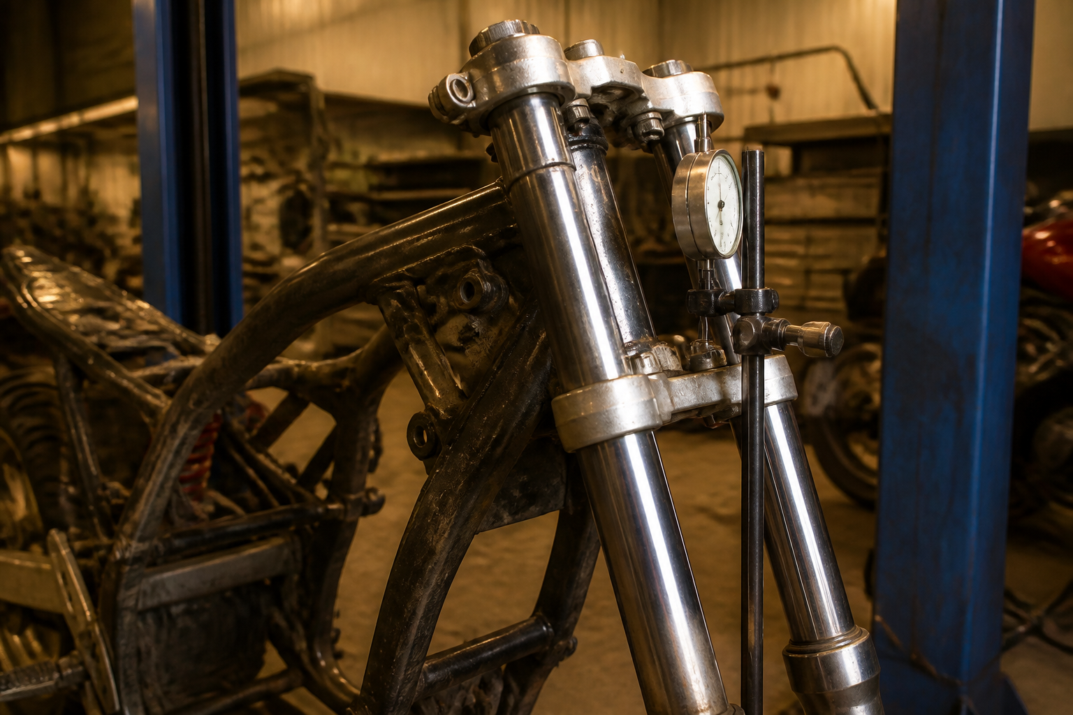 Motorcycle frame and fork alignment check in Miami