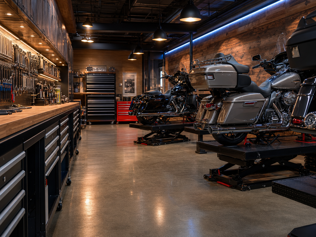 Inside the Biscayne Moto Works touring service shop in Miami