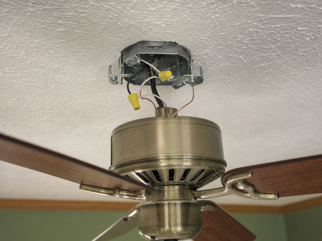 Ceiling fan mounted to a fan-rated box with neat connections