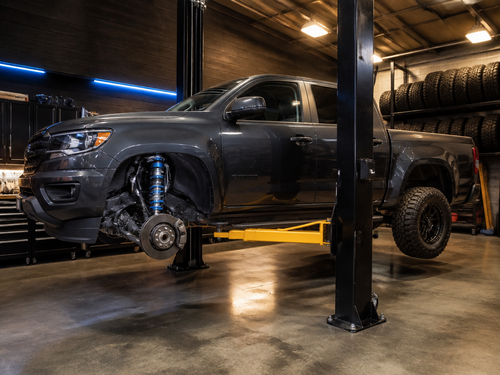 Mid-size pickup on a shop lift during an ICON coilover install
