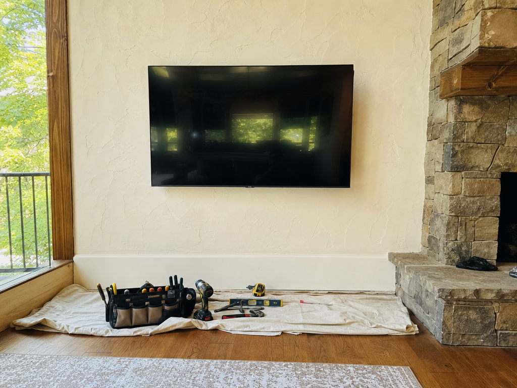 Flat-screen TV mounted flush on a living room wall