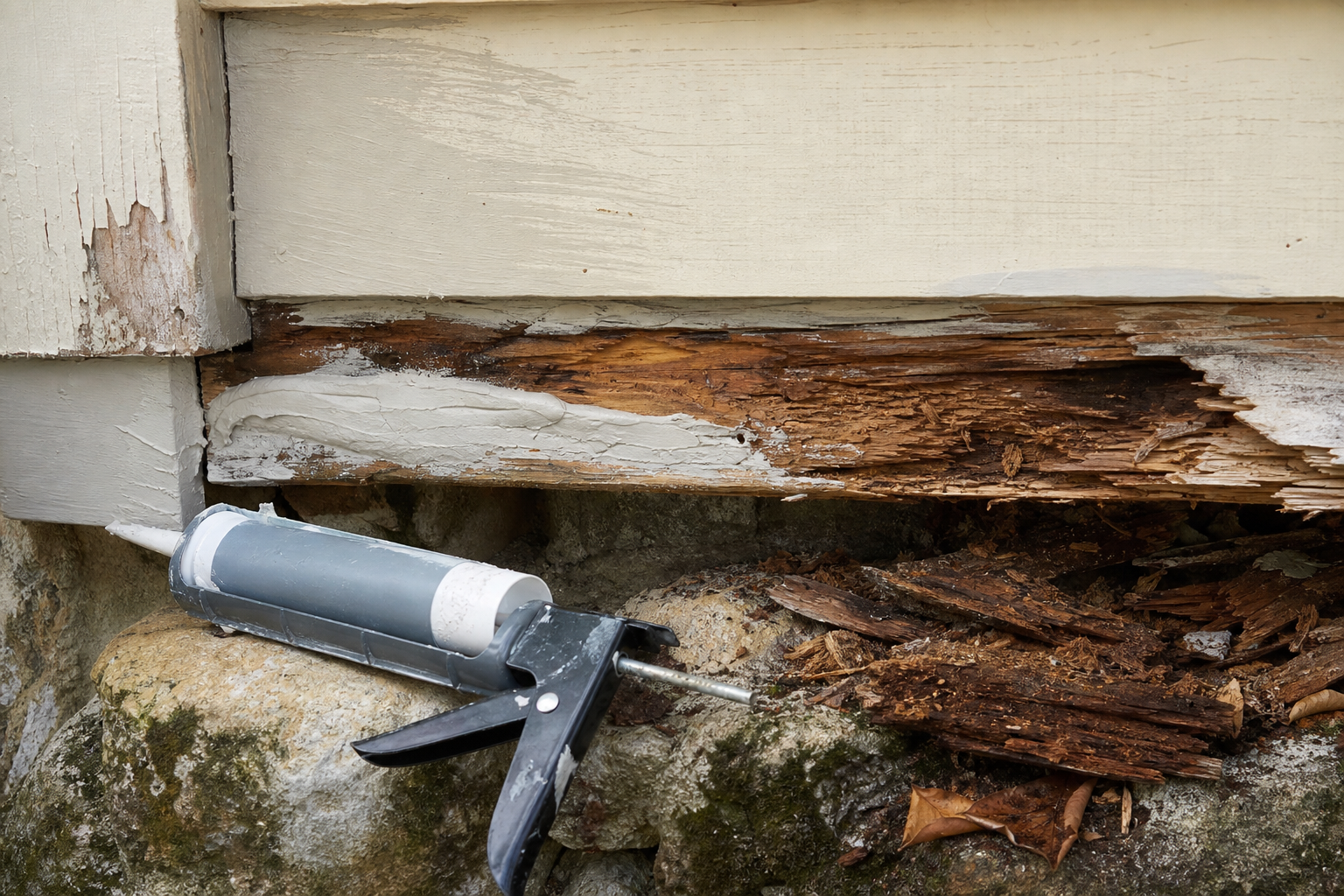 Wood rot spreading behind caulk and a cosmetic patch on exterior trim