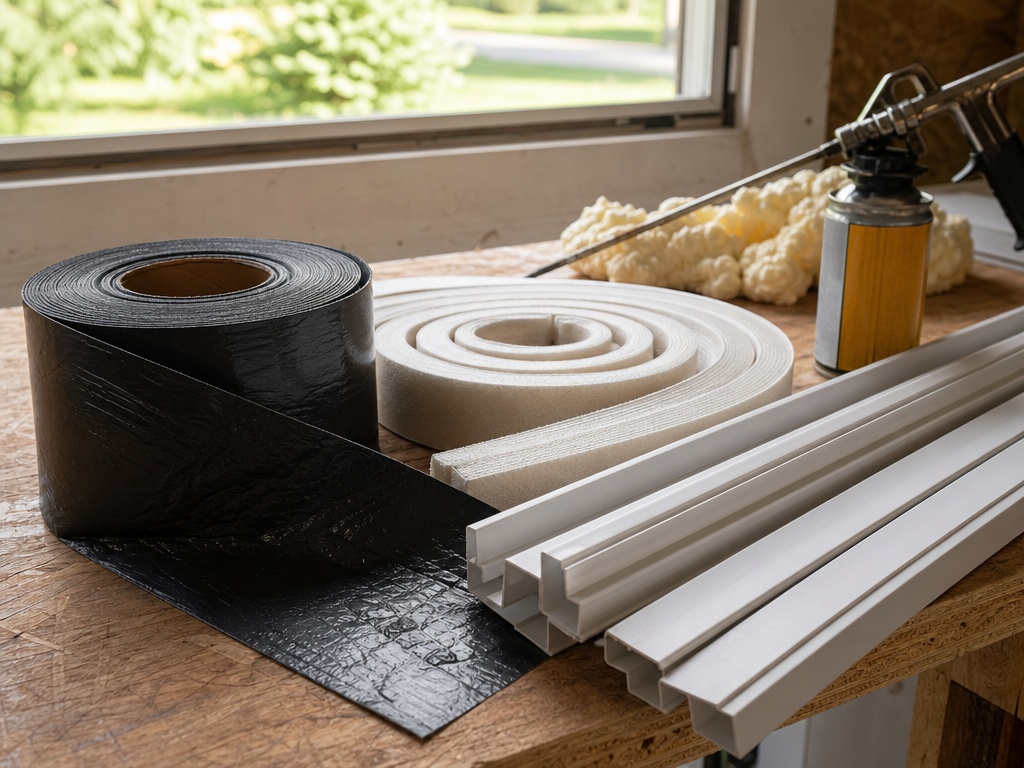 Flashing tape, weatherstripping, PVC trim, and foam on a workbench