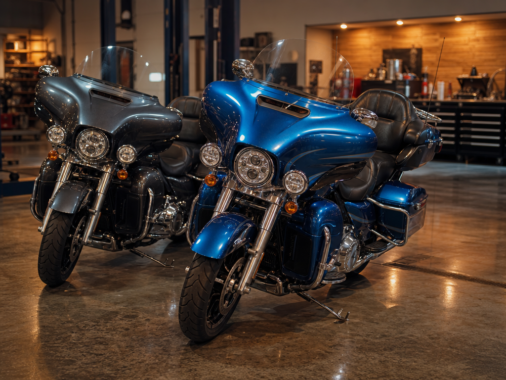 Touring motorcycles inside the Biscayne Moto Works service shop in Miami