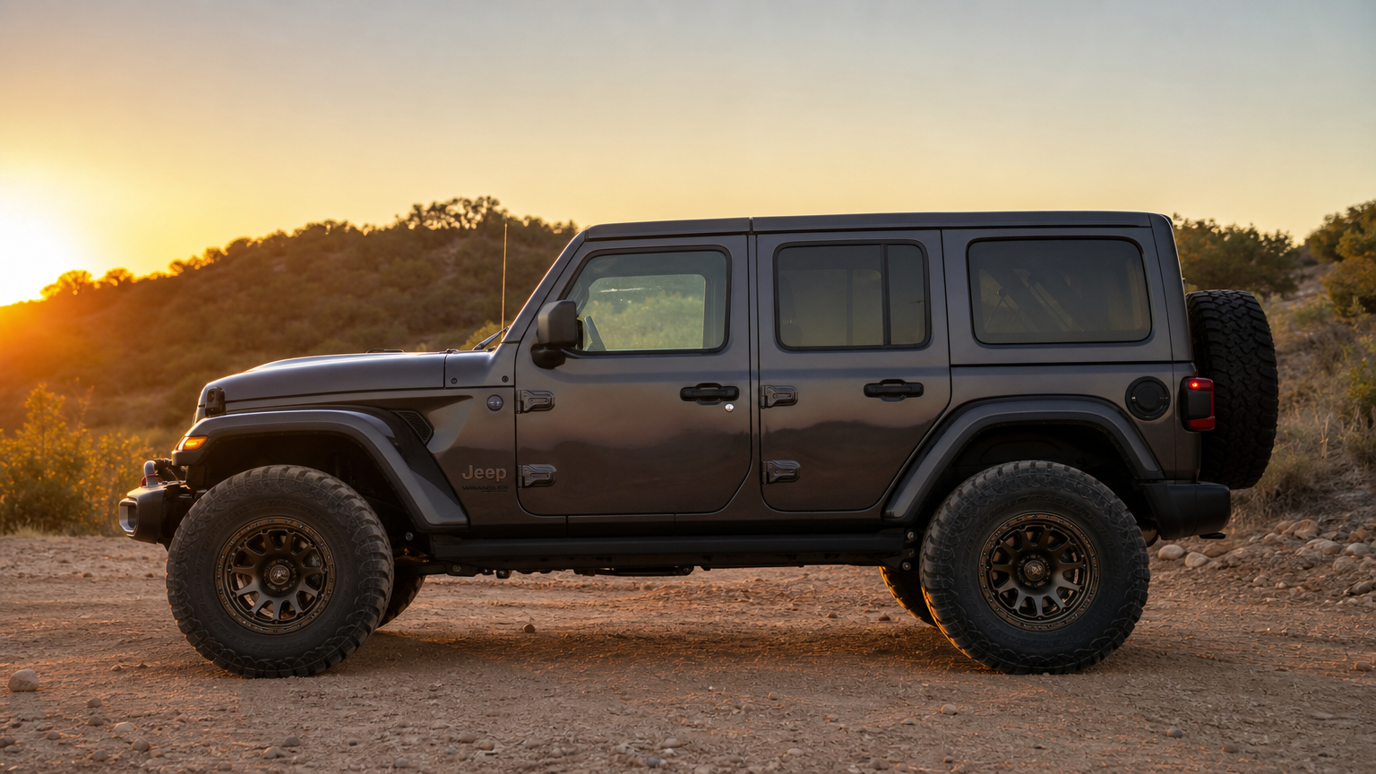 Project Sundowner JL Wrangler side profile on Texas trail