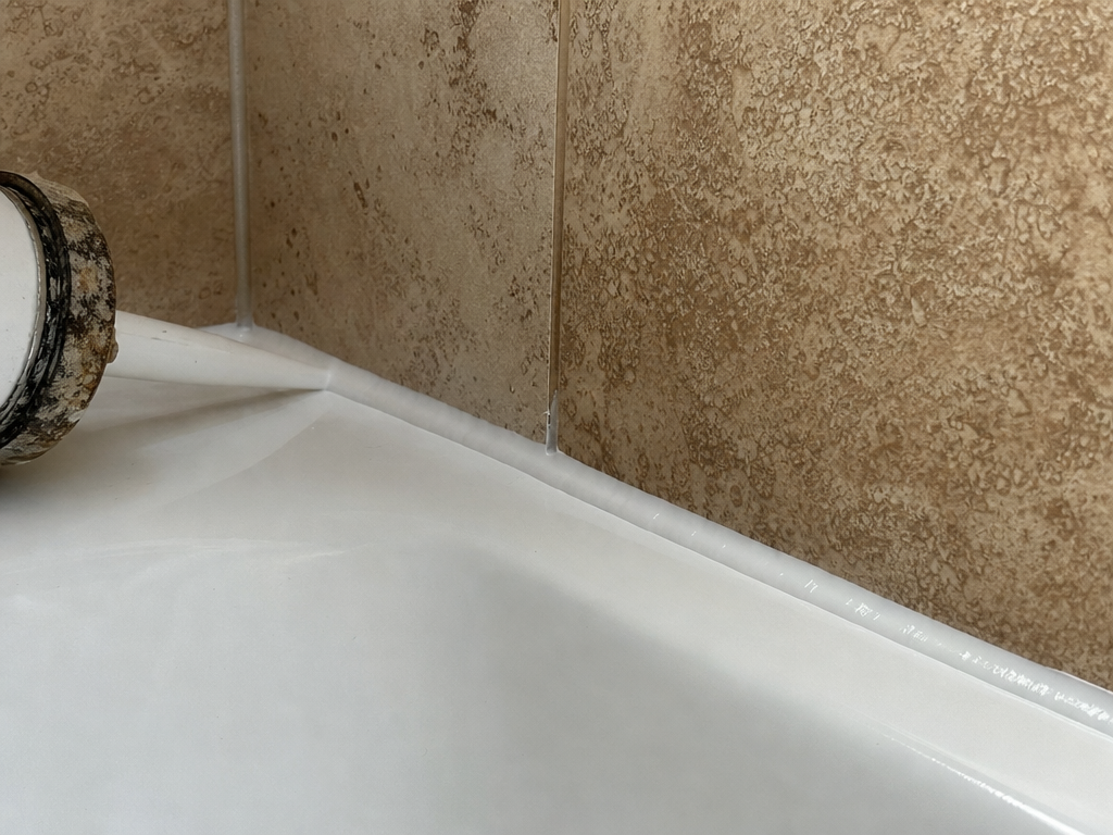 Fresh silicone seal along a clean tub-and-tile joint